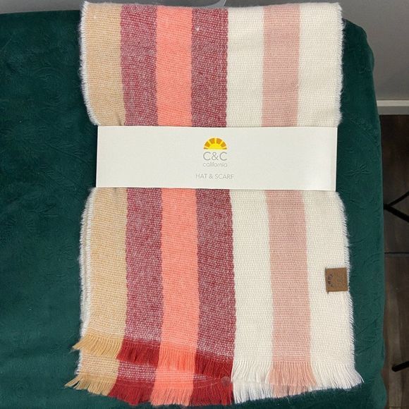 NWT C&C CALIFORNIA Red Pink Combo Striped Scarf - Picture 2 of 3